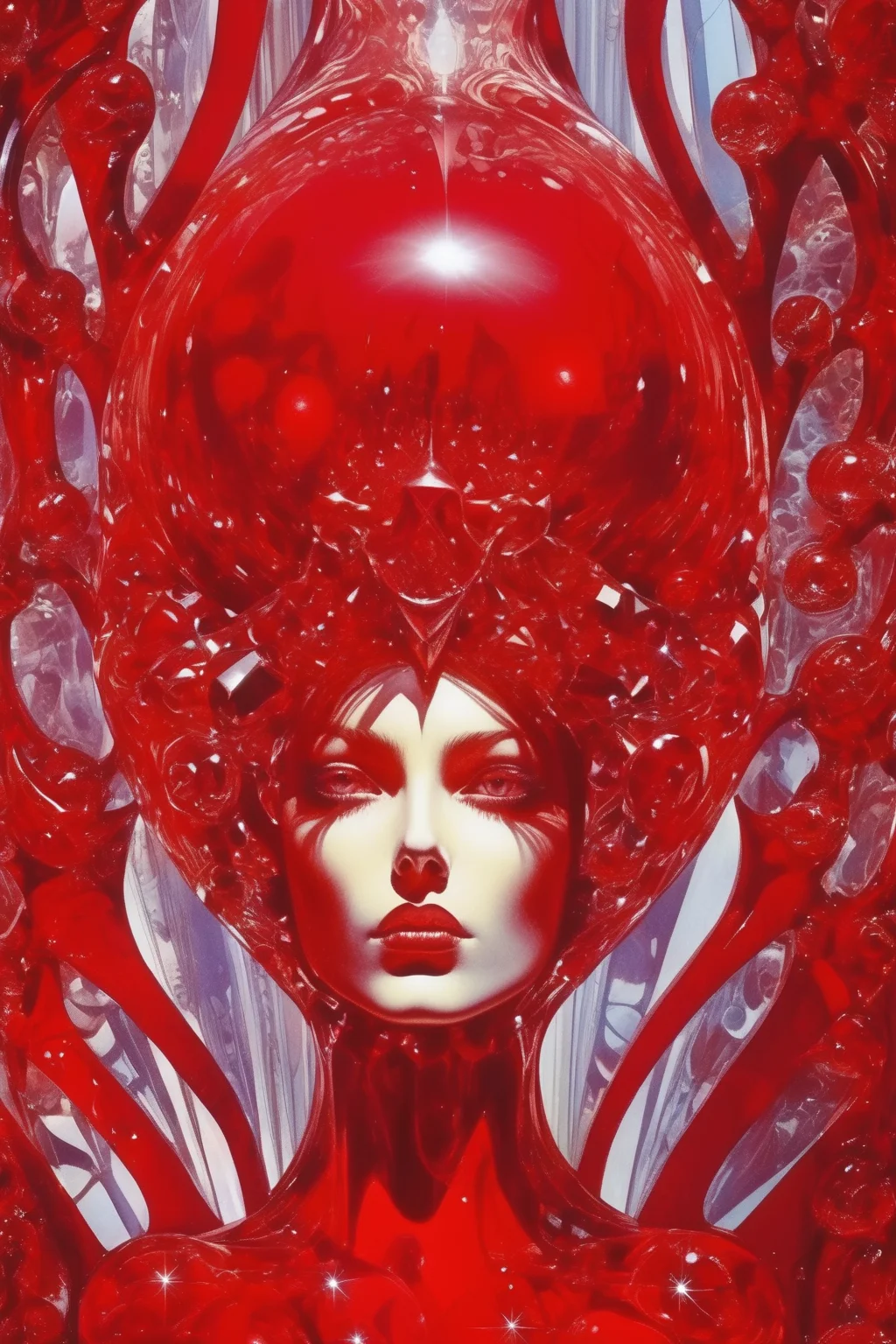 <lora:Philippe Druillet Style:1>Philippe Druillet Style - red mirror girl mutli dimensional wotld crystal