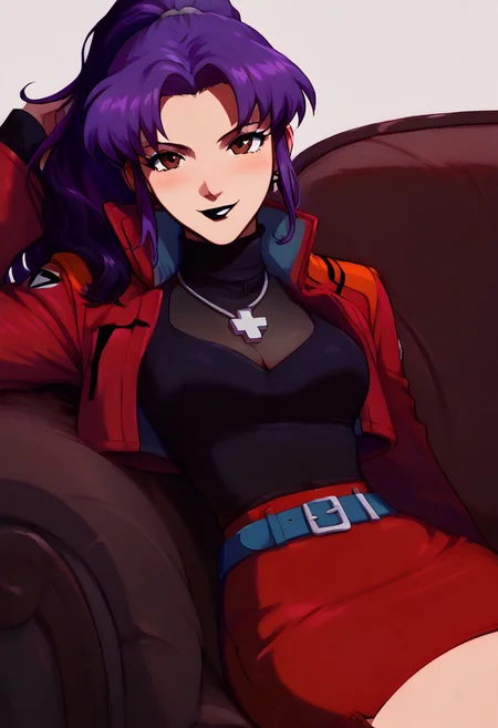 score_9, score_8_up, score_7_up, pretty girl, vivid bright colors, 
patMisato, purple hair, misato katsuragi, long hair, brown eyes,  parted bangs, ponytail, sidelocks, skirt, jewelry, jacket, belt, necklace, uniform, cross, red jacket, cross necklace, red skirt, black shirt, turtleneck, cropped jacket, pencil skirt,
goth, black lipstick, choker, dyed hair, tight dress, 
 blush, looking at viewer, 
 smile, cleavage, 
couch, modeling, sitting on couch, leaning back, head tilt, smirk, detailed eyes,