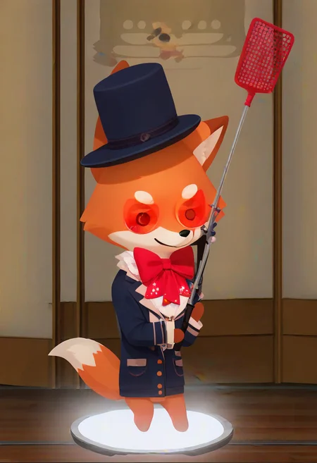Super Animal Royale, detailxl, score_9, score_8_up, score_7_up, score_6_up, score_5_up,, detailed eyes, detailed face, detailed hands, top down full body view,  NightScapes, fox, cozy atmosphere, creative light overlay, 4k, masterpiece, (masterpiece), best quality, (4K), (cinematic lighting), highly detailed, 8K, UHD, ultra detailed, immersive picture, vivid colors, volumetric light, cinematic light, extremely detailed CG, fox is wearing a jacket and a hat while holding a flyswatter