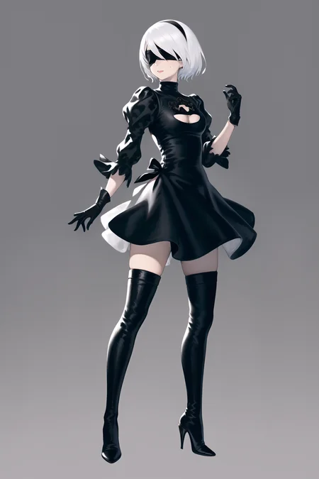 yoshida akihiko, 1girl, yorha no. 2 type b, black blindfold, black dress, blindfold, boots, cleavage cutout, clothing cutout, dress, full body, gloves, high heel boots, high heels, mole, mole under mouth, puffy sleeves, short hair, simple background, solo, standing, thigh boots, thighhighs, two-sided dress, two-sided fabric, white hair <lora:yoshida_akihiko_offset:1>
