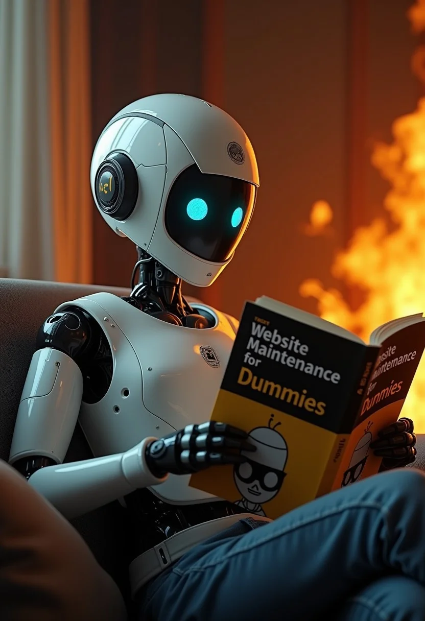 A photorealistic android witha "CivitAi" logo on his head, reading a yellow and black book titled "Website Maintenance for Dummies" sitting on a couch, room around him is on fire, 4k photorealistic, great detail, masterpiece