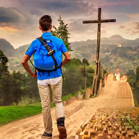 <lora:guatemala:1.5> a young man with cross on their way to school enjoying the landscape, tack sharp, 4k, masterpiece