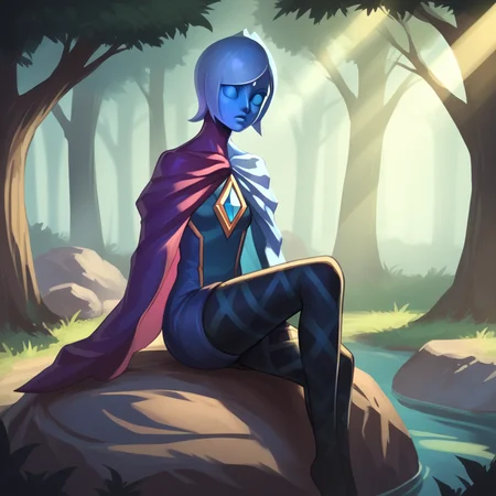 score_8_up, BREAK, FI , 1girl, solo, short hair, blue skin, no eyes, pantyhose, cape, <lora:FI_SkywardSword_XL_Leaf1v3:1>, cowboy shot, sitting on rock , forest, light rays,