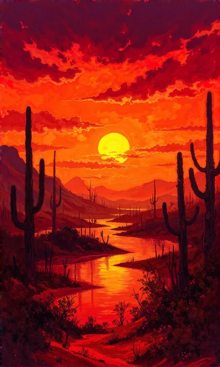 Full, landscape view of a desert scene at sunset. 
The sky is a vibrant mix of fiery oranges, reds, and some darker, almost purple-toned clouds at the top and near the horizon. A large, bright yellow sun is positioned near the center of the image, just above a calm body of water that reflects the warm colors of the sky. 
Several spiky saguaro cacti are prominent throughout the scene, silhouetted against the colorful sky and desert landscape.  
The foreground and mid-ground are dominated by a reddish-brown, sandy desert landscape. Small, scrubby, dark-toned plants and bushes are scattered across the area. Low, dark-toned mountain ranges are visible in the background, rising up above the waterline, and are also rendered in shades of warm browns and oranges that harmonize with the sunset.
The overall impression is one of a peaceful and dramatic desert sunset, with the rich colors and the prominent cacti adding to the aesthetic appeal. The style appears to be stylized, with areas of smooth coloration and less detail in gradients., <lora:FLUX-daubrez-DB4RZ-v2:1> DB4RZ, DB4RZ style painting