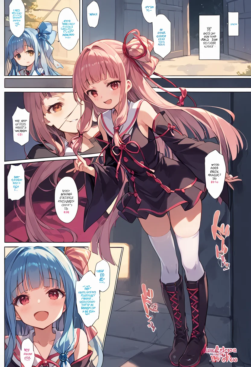 (nsfw:1), (Uncensored:1),
score_9, score_8_up, score_7_up, source_anime, BREAK
<lora:FComic1To3Page_Pony_V1:1>(1page),comic,Multi view, Frame, Text, speech bubble, frame, heart, trembling, focus line, vibrating line, comic expression, Sound effect,
1girl, solo focus,
(full body:1.3), (cowboy shot),
blush, open mouth, smug, smirk,
<lora:Kotonoha_MMD_Pony_V1:0.85>KotonohaMMD, pink eyes, long hair, bangs, blunt bangs, sidelocks, very long hair, hair intakes,hair ribbon, ribbon, hair ornament, hair tie, yagasuri,
dress,sleeveless, bare shoulders, collared dress, wide sleeves, long sleeves,
zettai ryouiki, thighhighs, thighhighs under boots, knee boots,
2 girls, sisters, kotonoha akane, kotonoha aoi, blue hair, pink hair,
(mature female:1), huge brests:1, shiny skin, oily skin, Thick thighs, voluptuous lower body,