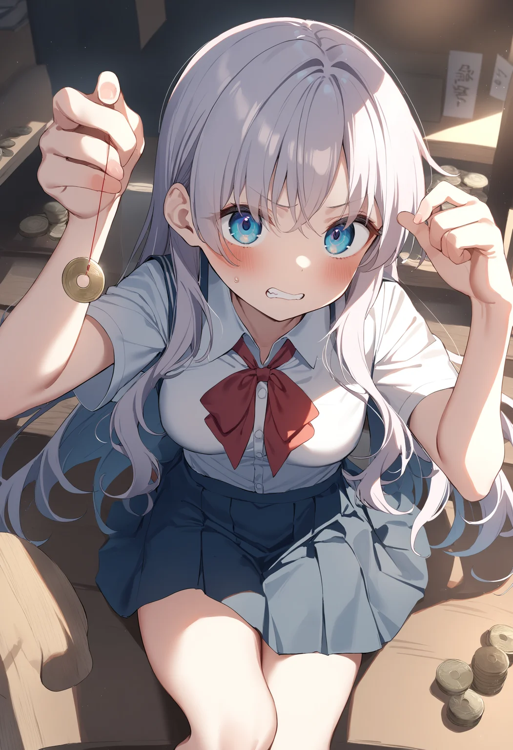1girl,sincos, ningen mame, toosaka asagi,solo,medium breasts,school uniform,
hypnosis, mind control,looking at viewer, hand up, coin on string, <lora:hypnosis_XL_v1:0.7>
fisheye lens, white hair, silver eyes,clenched teeth, arms Shop, closed mouth, french hair,
best quality, very aesthetic, absurdres