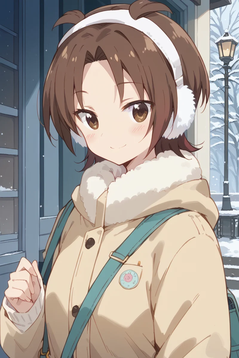 score_9, score_8_up, score_7_up, score_6_up,
<lora:Yuzu_Iizuka:1> yuzu, solo, brown hair, brown eyes, earmuffs, smile, blush, short hair, coat, bag, looking at viewer, 1girl, upper body, winter