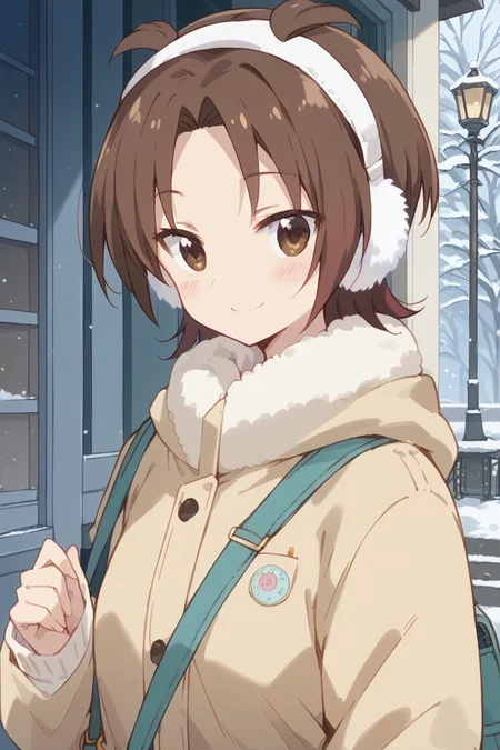 score_9, score_8_up, score_7_up, score_6_up,
 <lora:Yuzu_Iizuka:1> yuzu, solo, brown hair, brown eyes, earmuffs, smile, blush, short hair, coat, bag, looking at viewer, 1girl, upper body, winter