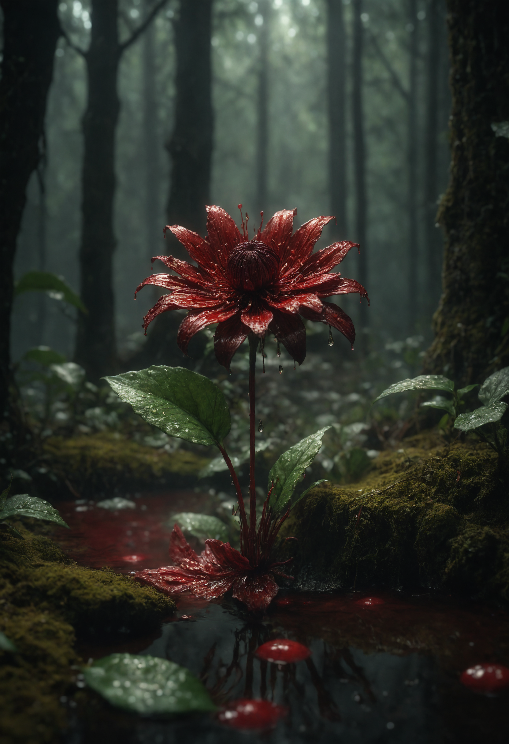 A bloody flower in a dark forest, drops. in the style of hyper-realistic sculptures, with dark red and green colors, . it is displayed in museum gallery dioramas, featuring soft, surreal 8k zbrush render.horror movie, God's rays, puddles, mystical light