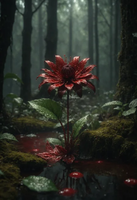 A bloody flower in a dark forest, drops. in the style of hyper-realistic sculptures, with dark red and green colors, . it is displayed in museum gallery dioramas, featuring soft, surreal 8k zbrush render.horror movie, God's rays, puddles, mystical light