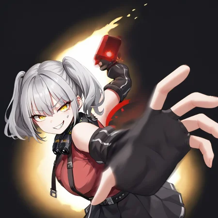 belorta, gray hair, twintails, shorthair, yellow eyes, big breast, seductive eyes,
black skirt, red shirt, suspenders, bare shoulders, black arm sleeves, fingerless gloves, wearing binoculars on neck, black-high-collar,
IncrsPunchMeme, incoming punch, speed lines, energy background, motion blur, evil grin, naughty face,