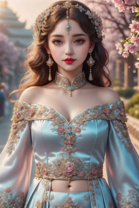 (masterpiece:1.5), (((top quality, best quality, high quality, finest quality))), ((intricately detailed, ultra-detailed, insanely detailed)), highres, 32K, extremely detailed unity CG 8K wallpaper, (beautiful and aesthetic:1.2), (depth of field:1.3), (immaculate:1.3), (delicate detailed depiction:1.4), (photorealistic:1.5), (realistic:1.4), (impressive photo:1.5), (an elegant touch of finesse and grace:1.5),
(((brilliant full natural lighting, luscious vibrant colors))), (ambient volumetric backlighting:1.5), (close-range waist-up portrait of an immensly beautiful woman:1.5),
(upper body:1.4), (close-up:1.3), (perfectly centered:1.4), (natural willowy posture:1.5), (((dynamic pose, cinematic angle))),
(1milf:1.5), (solo:1.4), (long straight hair:1.5),
beautiful gorgeous face, [(detailed face:1.2):0.2], elegant facial features, bright eyes, pureerosface_v1, ulzzang-6500-v1.1, (delicate chic makeup:1.5), (closed mouth:1.5), (red lips:1.4), (full lips:1.4), (light smile:1.4), 
(((sexy body figure))), attractive flawless body, (((pronounced feminine curves))), (((bright glistening skin, realistic skin pores, smooth skin))), (voluptuous:1.5), (((toned belly, navel, groin:1.3))), narrow waist,
(sparkling exquisite sheer satin:1.5), (explicit off-shoulder costume:1.5), (ornate glittering long-sleeved shrug and pasties:1.5), (ornate skimpy saree:1.5), (long tight sleeves:1.5), (((plunging neckline))), (gems-adorned detached collar:1.4), (fabrication glitters:1.5), (fine and delicate clothing details:1.5), (jeweled embroideries:1.4), (clothing sparkles:1.4), (sparkling particles:1.3), (((sagging front seam, crotch seam, sagging hind seam))), (((earrings, armlets, hairclip, diamond circlet))), <lora:iridescent_clothing-1.0:0.6>, <lora:nzshs-10:0.7>, 
(standing solo in a huge magical garden full of exotic blossoming flowers with gemstones-carved aisle:1.5), (fantasy:1.5), (ethereal:1.5), (glamorous grand palace looming in the background:1.5), (flickering daylight:1.5), (surreal delicate background:1.5), (alluring magical scenery:1.5), (intricate complex scene:1.5), <lora:detail_slider_v4:1.8>, <lora:naughty_to_nice_v3:2.5>, <lora:age_slider_v2:-3>, <lora:PerfectFullBreasts-fCV3.5:1>, <lora:weight_slider_v2:0.5> <lora:å«£ææ¥¼3:0.58>,