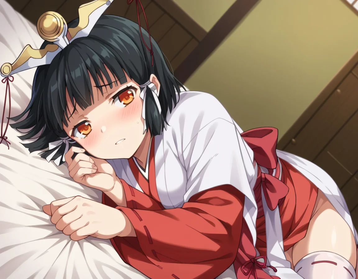 score_9, score_8_up, score_7_up, source_anime,
kuroinukaguya, <lora:kuroinu-kaguya-ova-ponyxl-lora-nochekaiser:1>,
kaguya, black hair, orange eyes, hime cut, short hair,
thighhighs, japanese clothes, miko, headress,
indoors, bed, bed room, on side, blush, drunk,
looking at viewer, cowboy shot, dutch angle, solo,