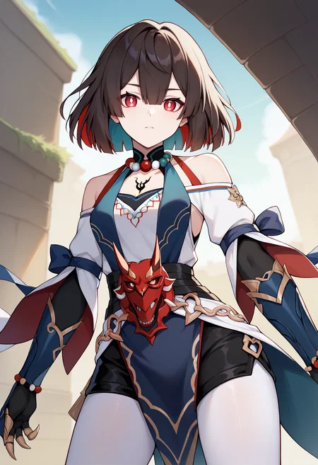 score_9,score_8_up,score_7_up,score_6_up,score_5_up,score_4_up,
1girl, xueyi \(honkai: star rail\),  short hair, hair between eyes, colored inner hair, dress, claws, white pantyhose, halterneck, off shoulder, pelvic curtain, black shorts, gauntlets, jewelry, bead necklace, mask,
solo, cowboy shot, looking at viewer, outdoors,
<lora:xueyiponyxl:1>