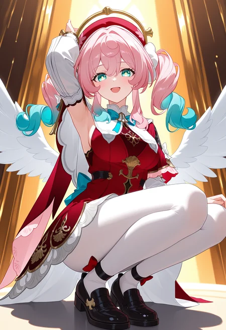 <lora:hal illustrious-1.0-000050:1>,
hyacine \(honkai: star rail\),halo,white pantyhose,solo,wings,white wings,pantyhose,red dress,squatting,angel wings,armpits,smile,red hat,looking at viewer,detached sleeves,yellow eyes,black footwear,blush,open mouth,shoes,feathered wings,long sleeves,capelet,full body,sidelocks,arm up,breasts,aqua eyes,
