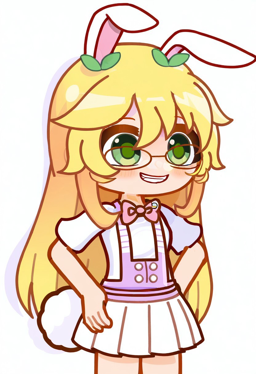 Gacha, GachaMika rou, Mika rou, girl, green eyes, blonde hair, long hair, smile, skirt, rabbit ears, glasses, rabbit round tail, pink parafan, white T-shirt, pink bow on shirt, White skirt