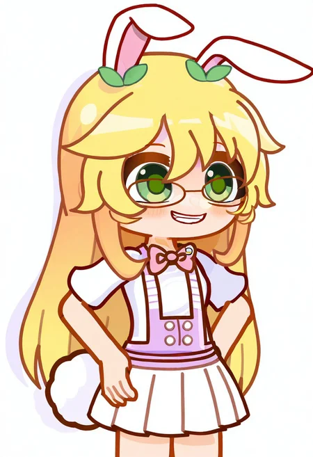 Gacha, GachaMika rou, Mika rou, girl, green eyes, blonde hair, long hair, smile, skirt, rabbit ears, glasses, rabbit round tail, pink parafan, white T-shirt, pink bow on shirt, White skirt