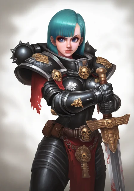 cowboy shot,Bulma,
edgAdepta, 1girl, solo, weapon,one handed sword, lips, blood, gauntlets, skull ,wearing edgAdepta,power armor,pauldrons,skull emblem, <lora:edgIllustriousXLAdeptaSororitas-000004:0.85>
very aesthetic, masterpiece, best quality, very aesthetic, highres, absurdres, sensitive