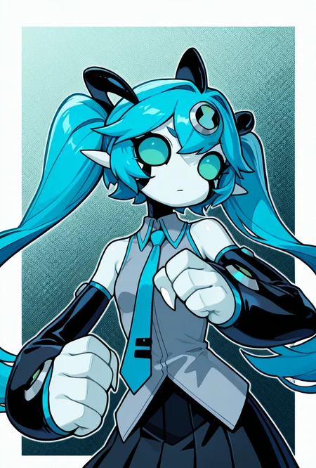 dynamic pose, <lora:dito-08:1> dito, solo, no humans, cyan eyes, white claws, 1girl, hair, big hands, black horns,, cyan hair, blue hair, long twin tails, miku cosplay, grey shirt, black skirt, blue tie, short, sleeveless, masterpiece, best quality, amazing quality, very aesthetic, absurdres, newest,, upper body, halftone effect, white borders, abstract background:1.2,