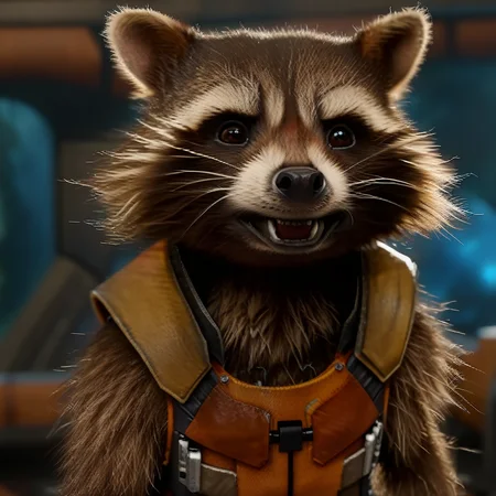rocket raccoon, detailed fur, detailed background, spaceship interior background, (upper body portrait:1.3), athletic body, looking at viewer, detailed_background, (photorealism:0.8), detailed fur, subsurface scattering, real life, hyperrealistic, photo, 8k, highly detailed, (naked:1.3), happy, smiling