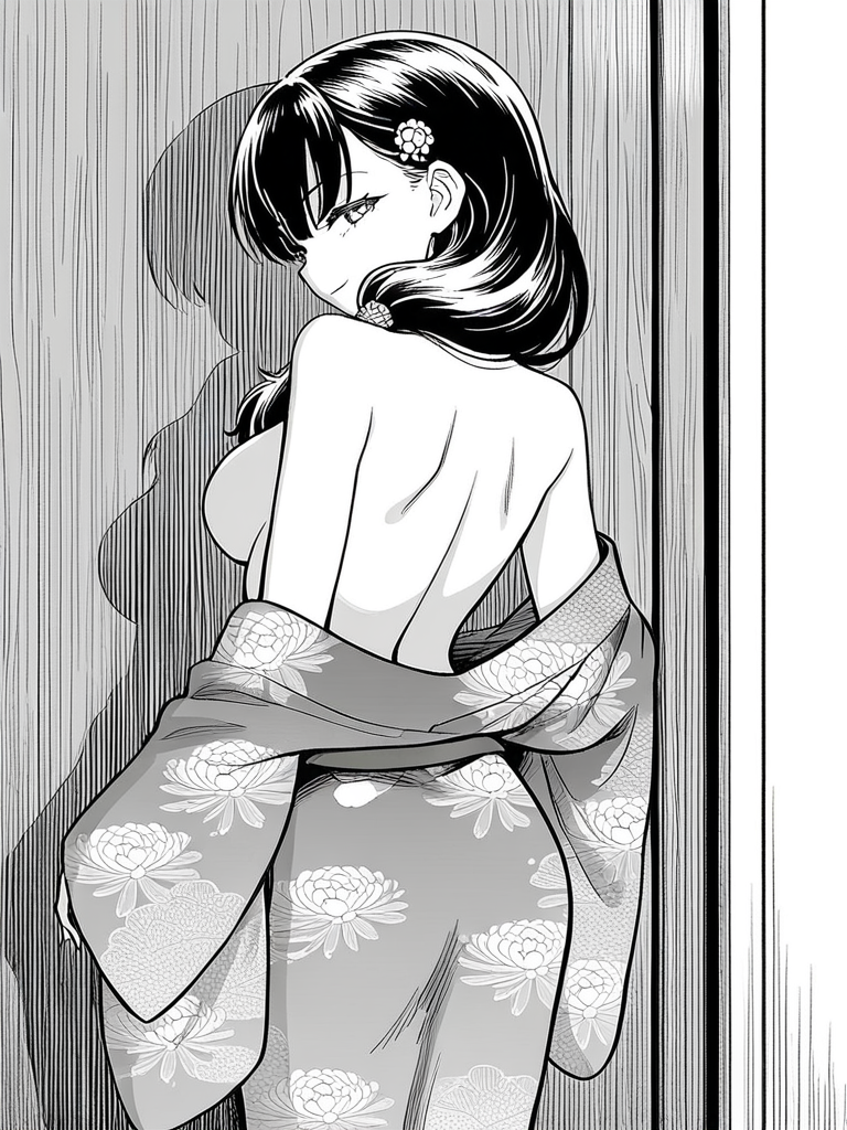 1girl, monochrome,  black hair, low-tied long hair, hair over shoulder, hair ornament, kimono, standing, from behind, large breasts, off shoulder, back, looking back, looking at viewer, smile, narrowed eyes, white backgroumd,