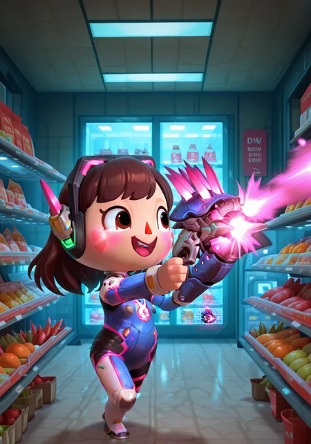 masterpiece, best quality, amazing quality, very aesthetic, absurdres, newest, animal crossing style, 3d, laughing, d.va_\(overwatch\), 1girl, needler_\(weapon\), firing, solo, indoors, grocery store,<lora:needler_v2.safetensors:1.0:1.0> <lora:animal crossing style_3d_ill.safetensors:1:1>