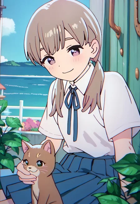 score_9, score_8_up, score_7_up BREAK MCafeGirl, 1girl, light brown hair with pink accents, pigtails, purple eyes, short-sleeve white shirt, blue ribbon tie, pleated blue skirt, white knee high socks, brown mary jane shoes, full body, smiling at viewer,