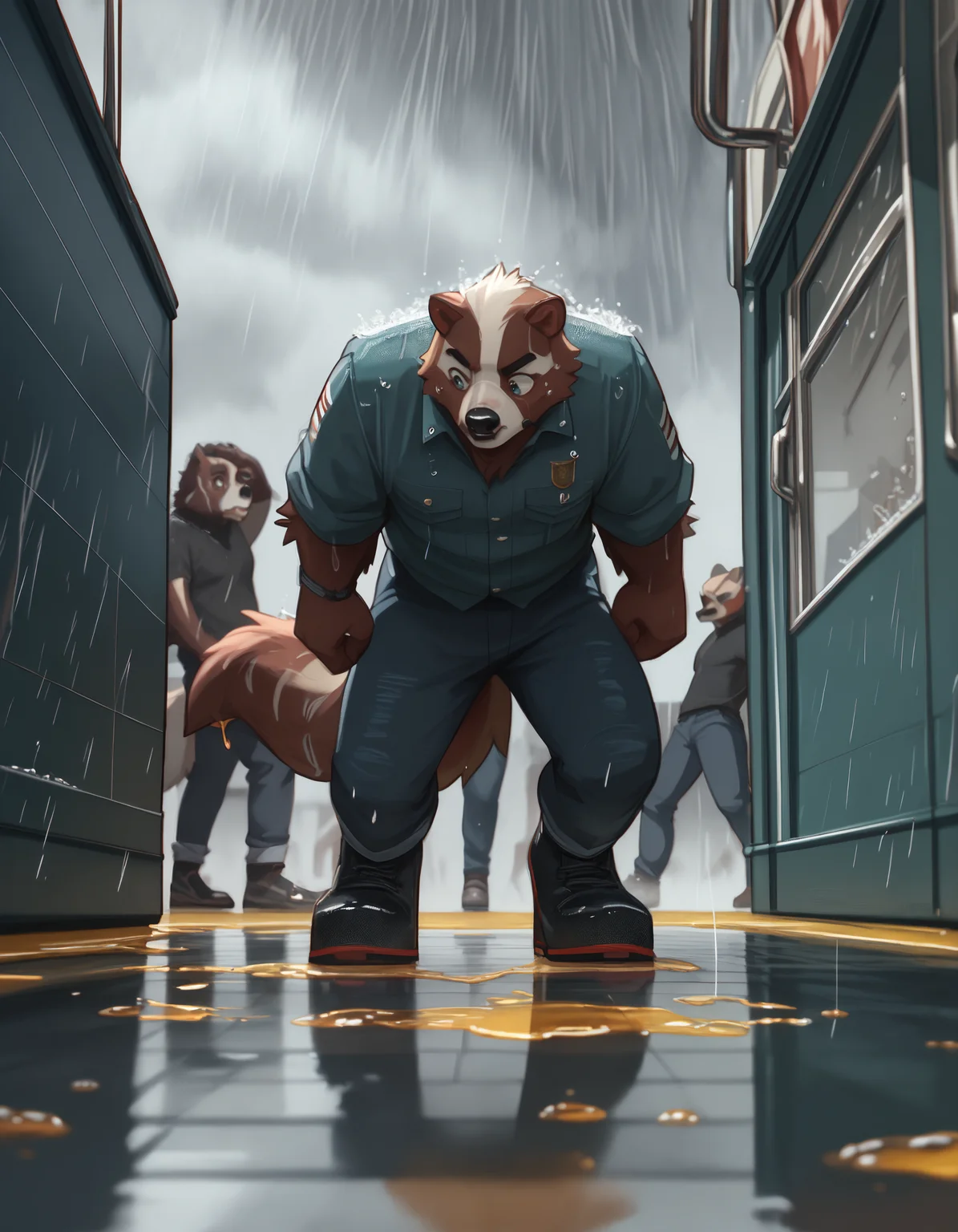 score_9, score_8_up, score_7_up, anthro, furry, dutch angle, anthro, detailed body, hi res, <lora:add-detail-xl:1>, <lora:Greyyy_Artist_Style.safetensors:1.2>, by gr3yyy, tail (honey badger, after insertion, looking away, rape face, hurricane and heavy rain raining reflective floor, detailed background:1.25)