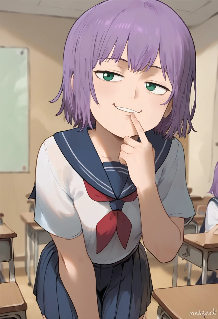 score_9, score_8_up, score_7_up, uncensored, masterpiece, best quality, source_anime BREAK 1girl, solo, Minori Asagiri, green eyes, purple hair, short hair, Expressiveh, mesugaki, smug, teeth, hand to own mouth, school uniform, sailor collar, skirt, indoors, classroom, cowboy shot <lora:Expressive_H:0.6> <lora:add-detail-xl:0.5> <lora:Minori_Asagiri_-_Mob_Psycho_100:0.9> <lora:Mesugaki_Concept_v1.1:0.8> <lora:honkibooty:0.85> <lora:princess_xl_v2:0.7>