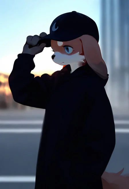 mirregrr, nyalia, 1boy, solo, furry, cute, kemono, masterpiece, best quality, very awa, very aesthetic, absurdres, looking at side, adjusting headwear, blurry background, general