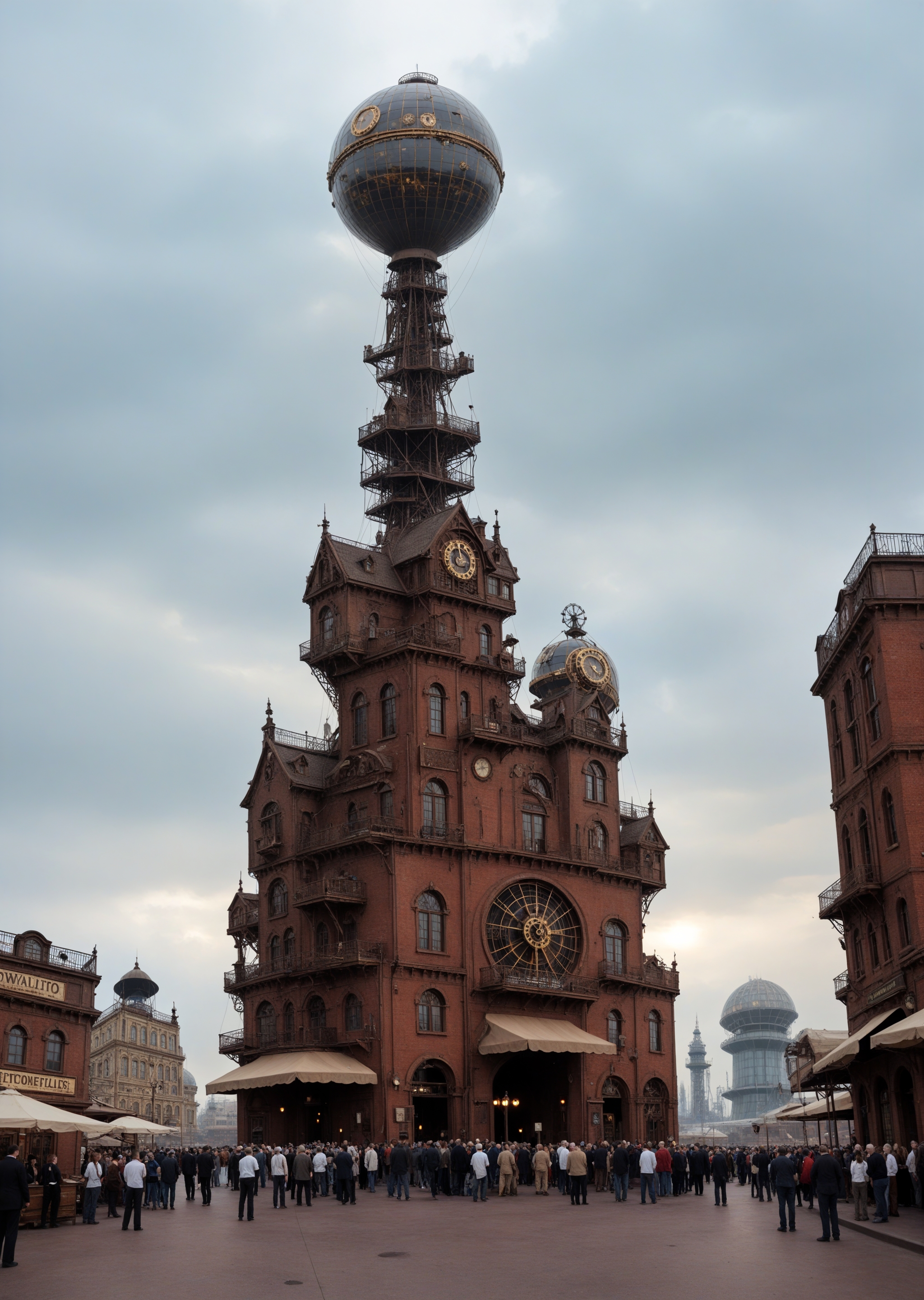 depicting a sprawling, fantastical cityscape with a steampunk aesthetic. The layout is a wide panoramic view showcasing a dense array of intricately designed buildings with pointed spires, domes, and elaborate architectural details. The structures are predominantly dark with hints of blue and bronze, creating a moody atmosphere. In the sky, several airships float among the clouds, adding to the steampunk theme. The city is bathed in a soft, diffused light, suggesting either dawn or dusk, with a warm glow emanating from windows and streetlights. Smoke rises from chimneys, contributing to the industrial feel. The foreground features a large, ornate dome with intricate patterns, while the background reveals a vast city stretching into the distance, with towering buildings silhouetted against the sky. The overall scene is rich in detail, evoking a sense of wonder and adventure.<lora:lora\zavy-cntrst-sdxl.safetensors:1.0:1.0><lora:lora\xl_more_art-full_v1.safetensors:1.0:1.0><lora:lora\Add_more_details_V2_XLpony.safetensors:1.0:1.0><lora:lora\sdxl_enhance.safetensors:1.0:1.0>