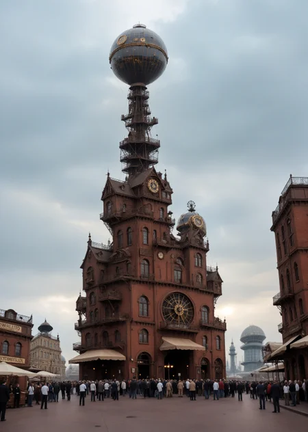 depicting a sprawling, fantastical cityscape with a steampunk aesthetic. The layout is a wide panoramic view showcasing a dense array of intricately designed buildings with pointed spires, domes, and elaborate architectural details. The structures are predominantly dark with hints of blue and bronze, creating a moody atmosphere. In the sky, several airships float among the clouds, adding to the steampunk theme. The city is bathed in a soft, diffused light, suggesting either dawn or dusk, with a warm glow emanating from windows and streetlights. Smoke rises from chimneys, contributing to the industrial feel. The foreground features a large, ornate dome with intricate patterns, while the background reveals a vast city stretching into the distance, with towering buildings silhouetted against the sky. The overall scene is rich in detail, evoking a sense of wonder and adventure.<lora:lora\zavy-cntrst-sdxl.safetensors:1.0:1.0><lora:lora\xl_more_art-full_v1.safetensors:1.0:1.0><lora:lora\Add_more_details_V2_XLpony.safetensors:1.0:1.0><lora:lora\sdxl_enhance.safetensors:1.0:1.0>