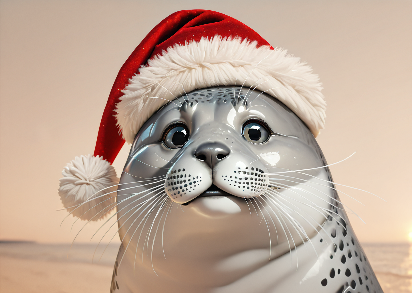 perfect quality, best quality, detailed, realistic, illustration, 8k, seal pup wearing a tiny santa hat on a snowy beach (cute furry feral:1.2) <lora:Animal_Christmas:0.8> animal christmas