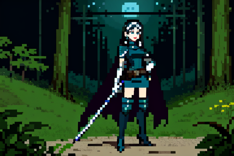 highly insanely detailed, masterpiece, top quality, best quality, highres, 4k, 8k, RAW photo, (very aesthetic, beautiful and aesthetic),  
beth_\(megami_tensei\),bethsmtii,shin megami tensei ii,long hair,black hair,straight hair,sleek black,jewelry,cross,headband,red_lipstick,messian_cross_earrings,cross_earrings,religious_earrings,messian_symbol_jewelry,white cape,cape_with_messian_symbol,Religious_cape,messian_symbol_cape,holy_knight_cape,Blue_dress,armored_corset,blue shirt,white gloves,white footwear,breastplate,belt,belt pouch,holy_knight,holy_knight_armor,long white gloves,heeled_boots,armored_heels,elbow gloves,elbow pads,thigh boots,katana,sword,Tokyo_Millennium,post-apocalyptic_city,dystopian_world,Holytown,Religious_center,church_district, 
<lora:zs_Beth:0.7>, 
(1girl:1.3), 1other, 
perspective photo of the house on clift,post-apocalypse,brutalist,brutal green covered with green grass,many people,neon light,forest,jungle atmosphere,sunset,sunshine cinematic,dark grey background,âââ
