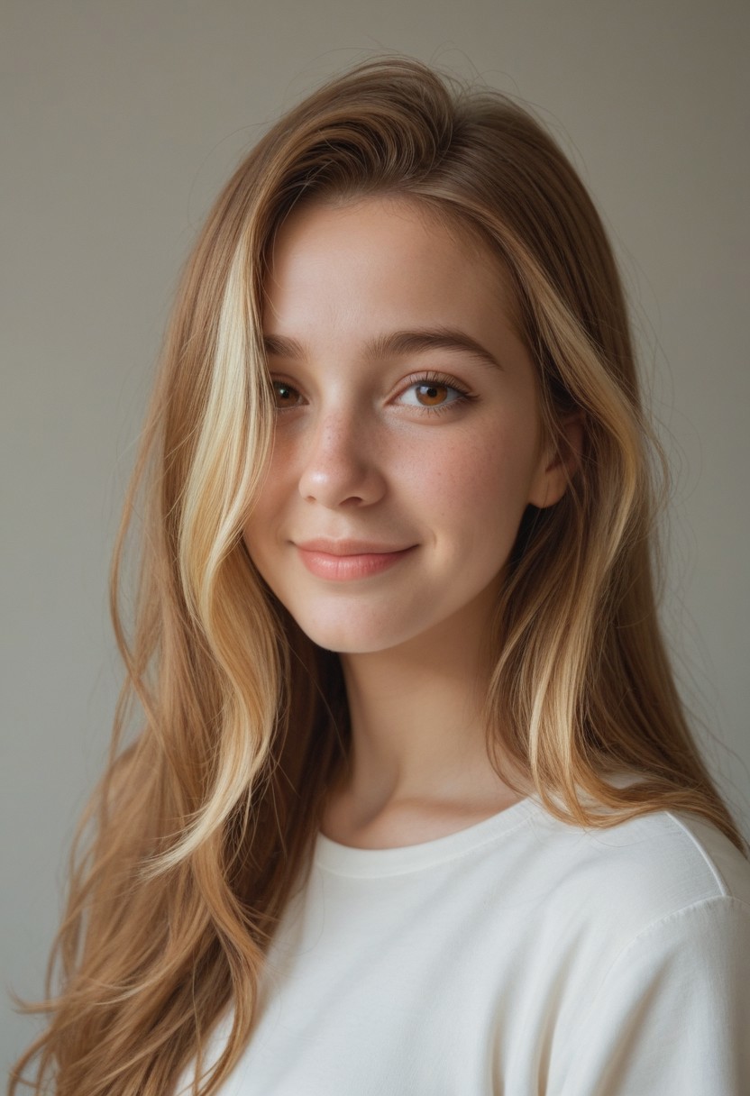 score_9,score_8_up,score_7_up, 1girl, solo, upper body focus, shy expression, shy smile, Golden brown hair, blonde highlights, long hair, (((hair over right side of face, old-burns on right side of face))), young adult, hazel eyes, smart casual clothing, nerdy appearance