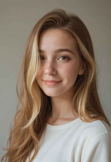 score_9,score_8_up,score_7_up, 1girl, solo, upper body focus, shy expression, shy smile, Golden brown hair, blonde highlights, long hair, (((hair over right side of face, old-burns on right side of face))), young adult, hazel eyes, smart casual clothing, nerdy appearance