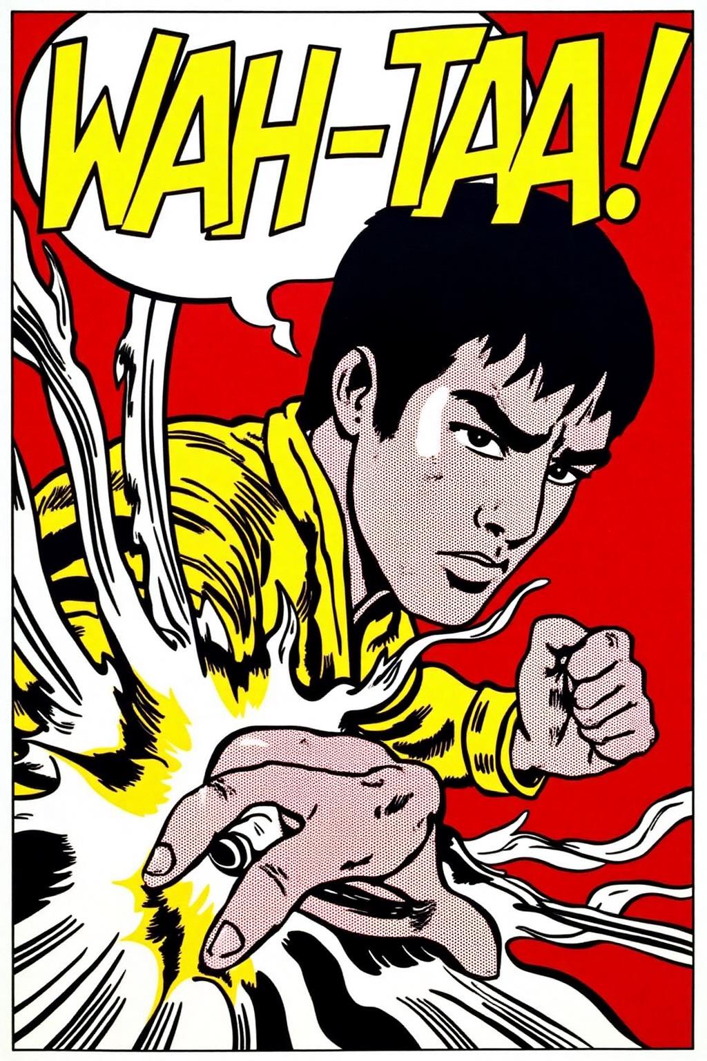 lichtenstein1 illustration. Close-up of Bruce Lee doing Kung-Fu.  Comic book style sound effect "wah-taa!!" in big yellow letters. <lora:lichtenstein1_cap_d6a3e8:1.0><lora:836260987859381205:0>