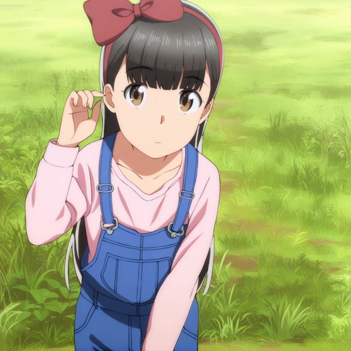 masterpiece, best quality, score_9,
<lora:Hitomi_hinamatsuri_v11:1>, hitomi_il, 1girl, solo, brown_hair, bangs, hair_between_eyes, brown_eyes, hair_ribbon, long_hair, pink_shirt, denim_overalls, grass, looking at viewer, cowboy shot