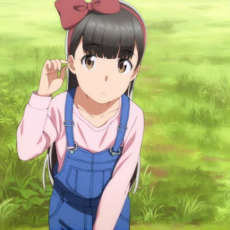 masterpiece, best quality, score_9,
<lora:Hitomi_hinamatsuri_v11:1>, hitomi_il, 1girl, solo, brown_hair, bangs, hair_between_eyes, brown_eyes, hair_ribbon, long_hair, pink_shirt, denim_overalls, grass, looking at viewer, cowboy shot