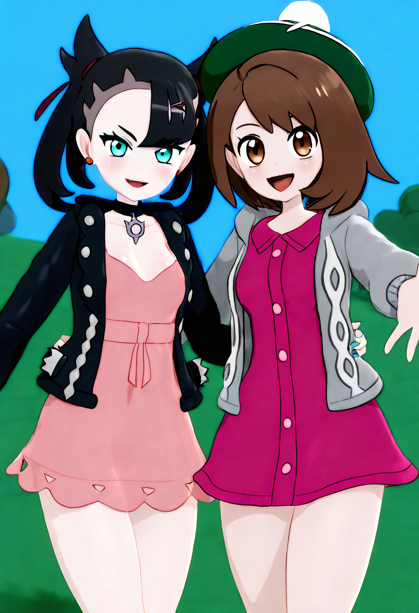 masterpiece, best quality, medium breasts, (curvy),   BREAK, 2girls, zzMarnie, aqua eyes, black hair, black choker, red ribbon, pink dress, jewelry, black jacket, open clothes, long sleeves, Gloria (pokemon), brown hair, brown eyes, green hat, grey cardigan, hooded cardigan, cable knit, pink dress, green socks, long sleeves, collared dress, blush, happy, arm around waist, hand towards viewer, ,curvy, <lora:MarnieGloriaPokemon_NAI:1.0>,smile, looking at viewer, cowboy shot,   <lora:MantisNAI:0.8>,