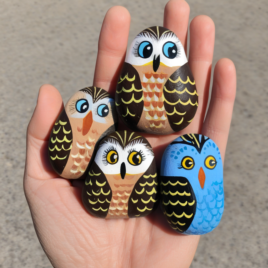 Happy stones. Three painted pebbles, painted to resemble an owl. A hand is holding the stones