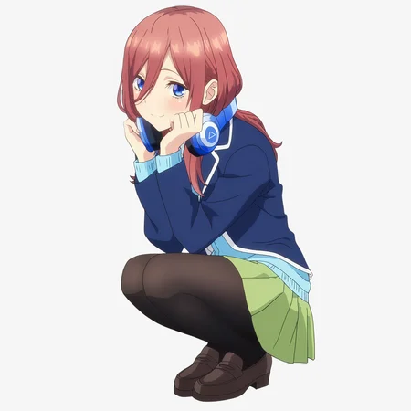 masterpiece, high quality, high res, absurd res, ultra high quality,
<lora:Miku_Nakano_Illustrious_v57:1>, M1kuNakan0_Illu, 1girl, solo, brown-red_hair, hair_over_eye, long_hair, bangs, dark-blue_eyes, headphones, triangle_logo, dark-blue_blazer, open_blazer, cyan_shirt, straps, green_miniskirt, tights, anime_screencap, full body, dress_shoes, white background, simple background,