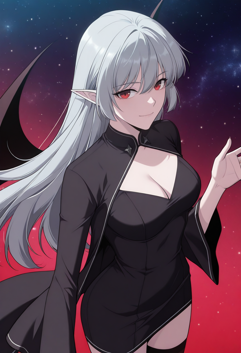 masterpiece,best quality,1girl,red eyes,devil_eyes,long hair,grey hair,hair between eyes,pointy ears,flowing hair,medium breast,cleavage,VampireDZ1,black dress,pencil dress,high collar,collared dress,cut-out dress,open back,white trim,black robe,long sleeves,flowing sleeves,flared cuffs,bat wings,demon wings,red lining,thigh-highs,garter straps,
anime screencap,anime coloring,<lora:AliceF7:1>,<lora:anime_screencap-IllustriousV2:0.7>,
anime screenshot,masterpiece,best quality,waving at viewer,galaxy background,light particles,light smile,cosmic background,portrait,no building,