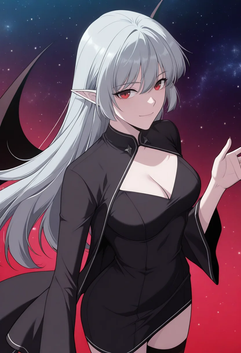 masterpiece,best quality,1girl,red eyes,devil_eyes,long hair,grey hair,hair between eyes,pointy ears,flowing hair,medium breast,cleavage,VampireDZ1,black dress,pencil dress,high collar,collared dress,cut-out dress,open back,white trim,black robe,long sleeves,flowing sleeves,flared cuffs,bat wings,demon wings,red lining,thigh-highs,garter straps,
anime screencap,anime coloring,<lora:AliceF7:1>,<lora:anime_screencap-IllustriousV2:0.7>,
anime screenshot,masterpiece,best quality,waving at viewer,galaxy background,light particles,light smile,cosmic background,portrait,no building,