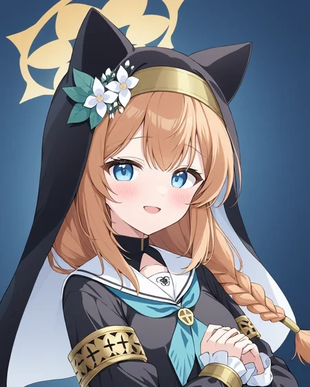 mari \(blue archive\),1girl, animal_ear_headwear, solo, nun, habit, smile, halo, long_sleeves, holding_flower, looking_at_viewer, blue_neckerchief, white_sailor_collar, blush, hat_flower, open_mouth, white_flower, upper_body, single_braid, frilled_sleeves
<lora:mari_(blue_archive)_image2498_2023-11-28-000008:1>halo. gorgeous,key visual, vibrant, studio anime,award-winning, professional, highly detailed,high budget, cinemascope