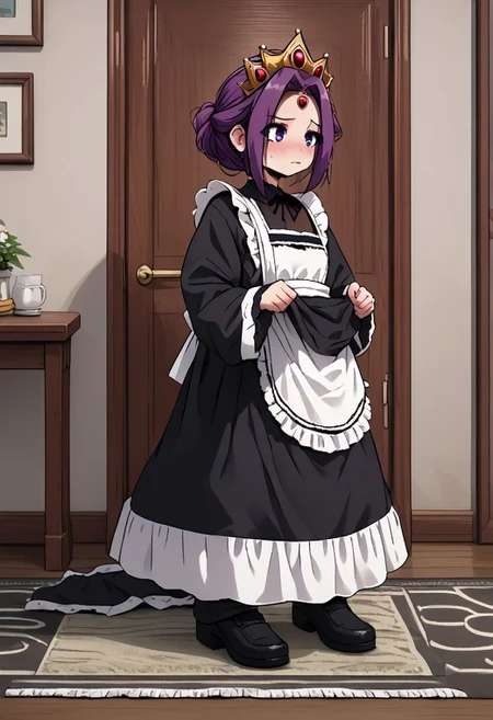 MIRELLIA Q MELROMARC, CROWN, TIARA, maid, full body, ShrinkingConcept, shrinkingclothing, oversized clothes, shrinking, full body, child, small