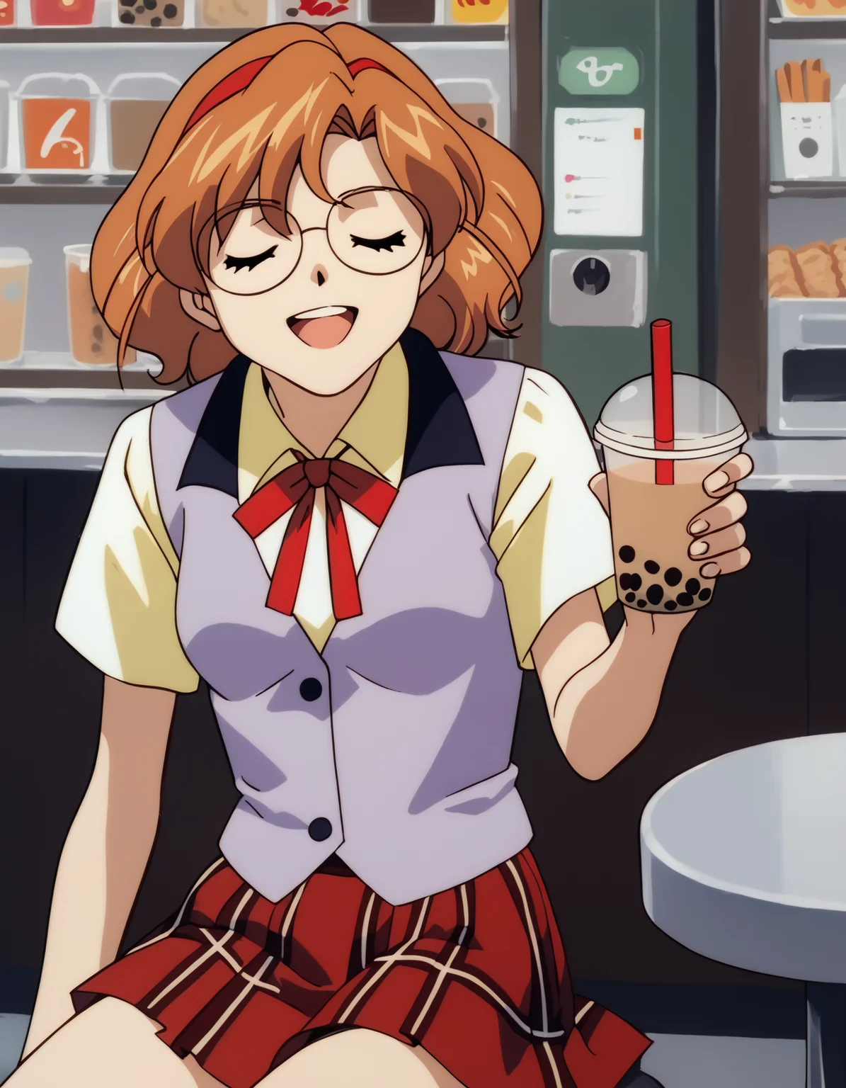 score_9, score_8_up, score_7_up
<lora:rion-aida-ponyxl:1> a10n, round eyewear, school uniform, neck ribbon, short sleeves, pleated skirt, vest, purple vest, red skirt, plaid skirt,
1girl, solo, cafe, sitting, bubble tea, closed eyes, happy, counter