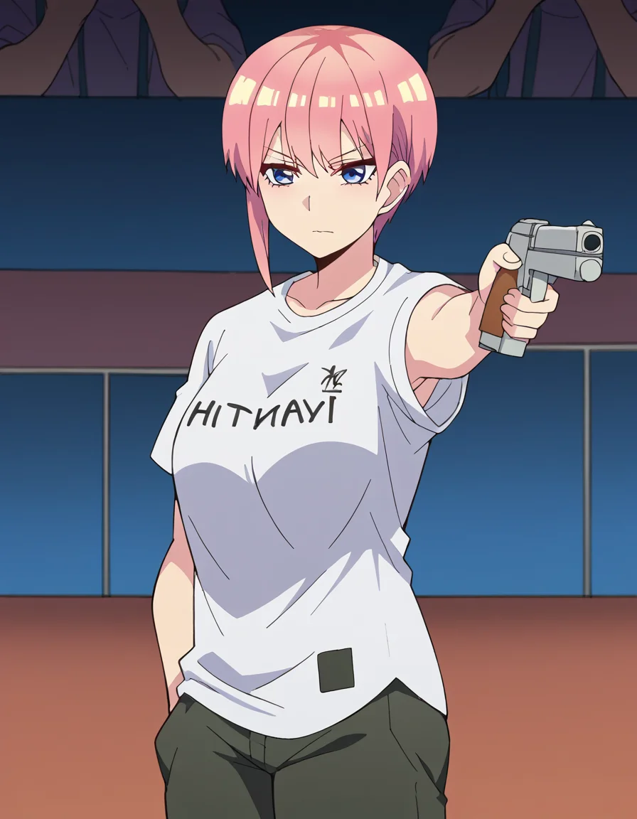 score_9, score_8_up, score_7_up, source_anime, <lora:ichika-nakano-s2-ponyxl-lora-nochekaiser:1>, ichika nakano, short hair, bangs, blue eyes, hair between eyes, pink hair, pixie cut, mature female, large breasts, <lora:yusuf-dikec-ponyxl-lora-nochekaiser:1> yusuf dikec, yusuf dikec (meme), meme, hand in pocket, handgun, holding gun, gun, shirt, t-shirt, pants, audience,, , cowboy shot,