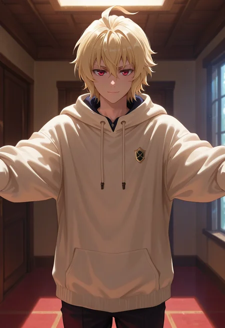 masterpiece, best quality, , (photorealistic:0.6), , 1boy, solo, male focus, <lora:mikaela_hyakuya_ilxl:0.96>, mikaela_hyakuya, blonde hair, red eyes, short hair, hair between eyes, bangs, ahoge, , cowboy shot, ayers rock, indoors, light, outstretched arms, light smile, toga costume