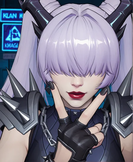 Masterpiece, (upper body pov), 1girl, solo, hand gesture, sign of the horns hand gesture,
bangs over eyes,  hair ornament, twin tails, spiked shoulder armor, fingerless gloves, black gloves, chain bracelets, light purple hair, red lips, black nail polish, pale skin, PkMagik, PkMagik_armor  <lora:Magik_Punkchild_-_Illustrious:0.6>